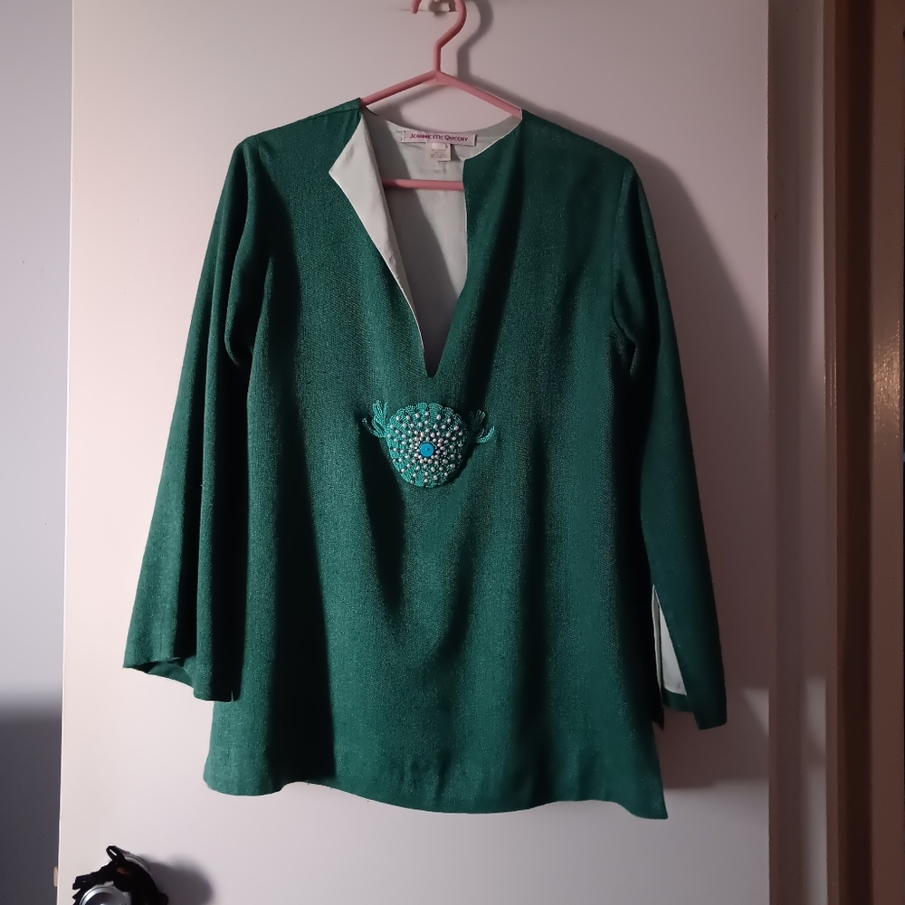JEANNIE MCQUEENY Green Cashmere Silk Charmeuse Lined Tunic M